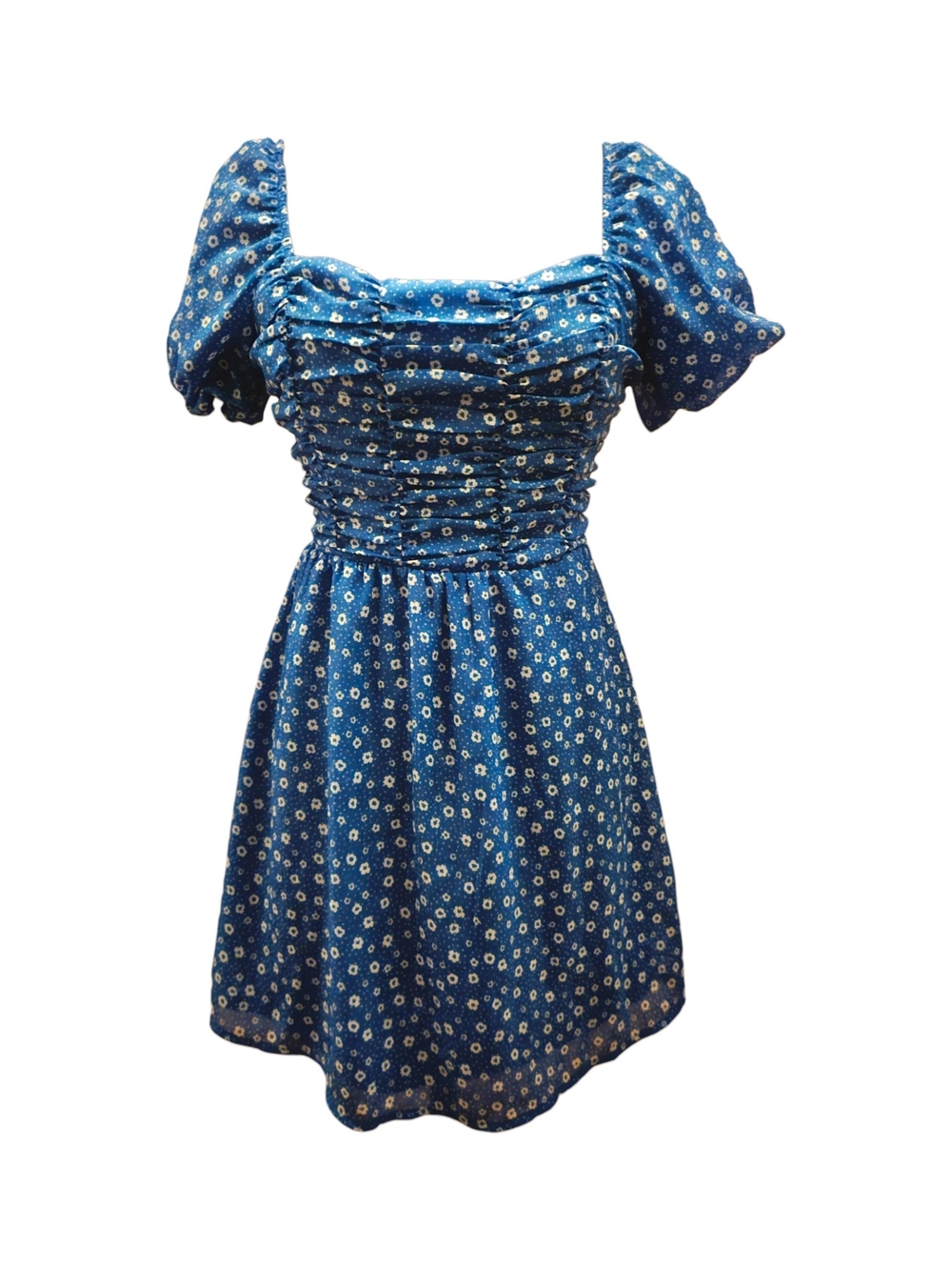 Crystal Doll Blue Floral Puff-Sleeve Mini Dress